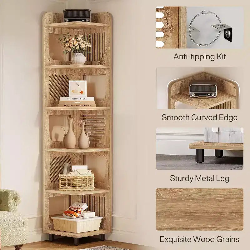 Étagère d'angle Lantine à 6 niveaux, bibliothèque haute rustique de 180 cm pour salon, chambre, bureau