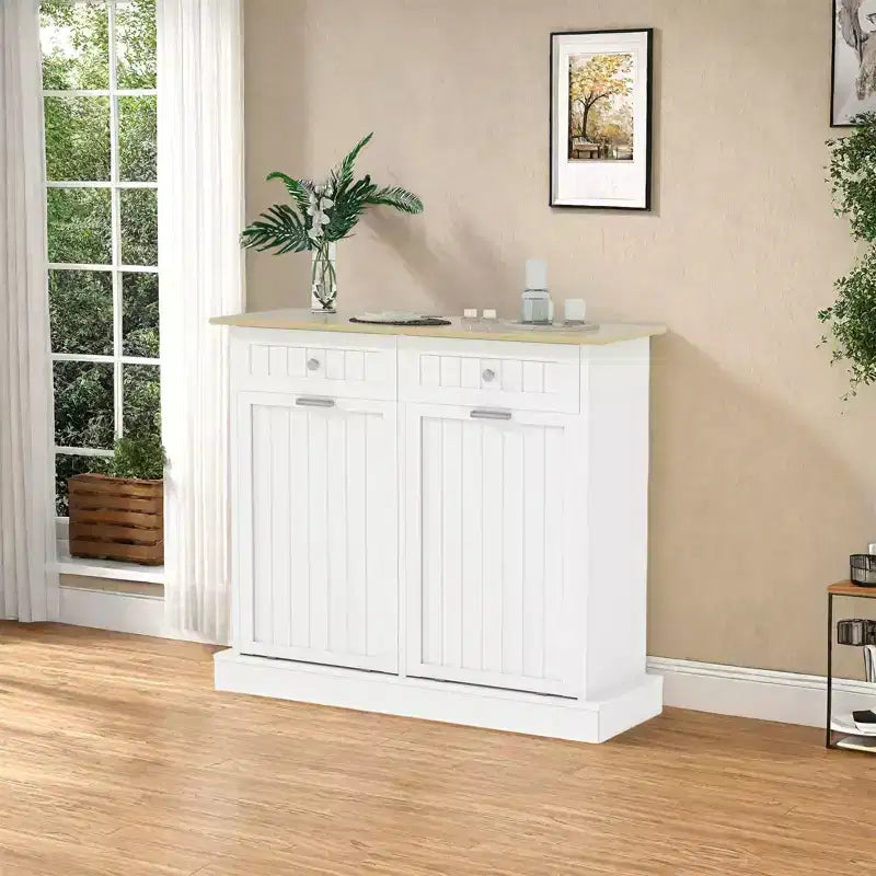 Meuble poubelle basculant de 20 gallons, meuble de recyclage à 2 portes en bois avec tiroir, poubelle autoportante à l'épreuve des animaux de compagnie pour cuisine et salon