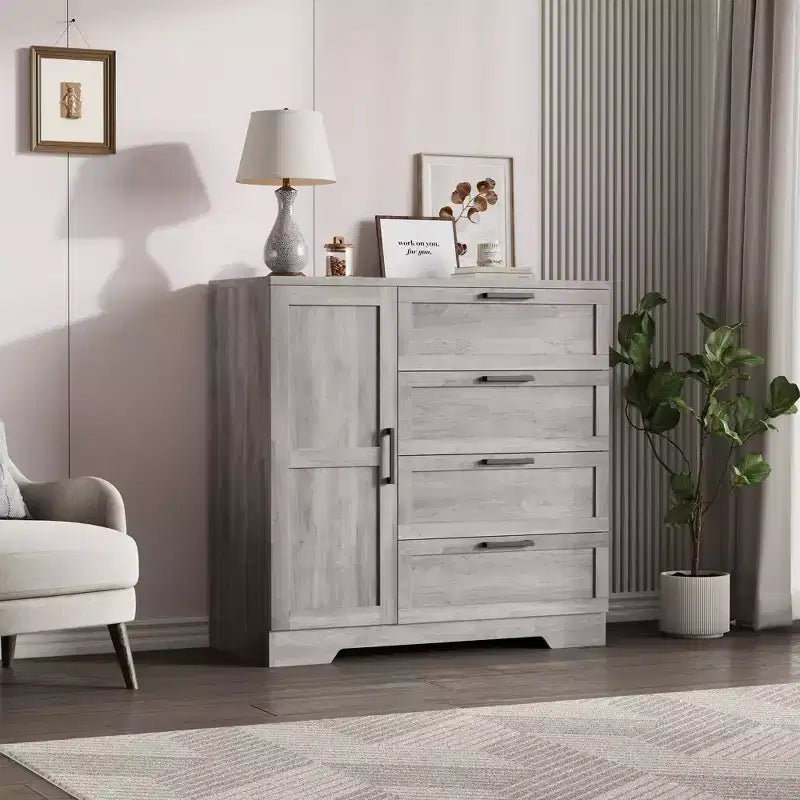 Armadio Guardaroba, 109,98 cm H, in Legno, con 4 Cassetti e Asta Appendiabiti, Rovere Naturale Grigio