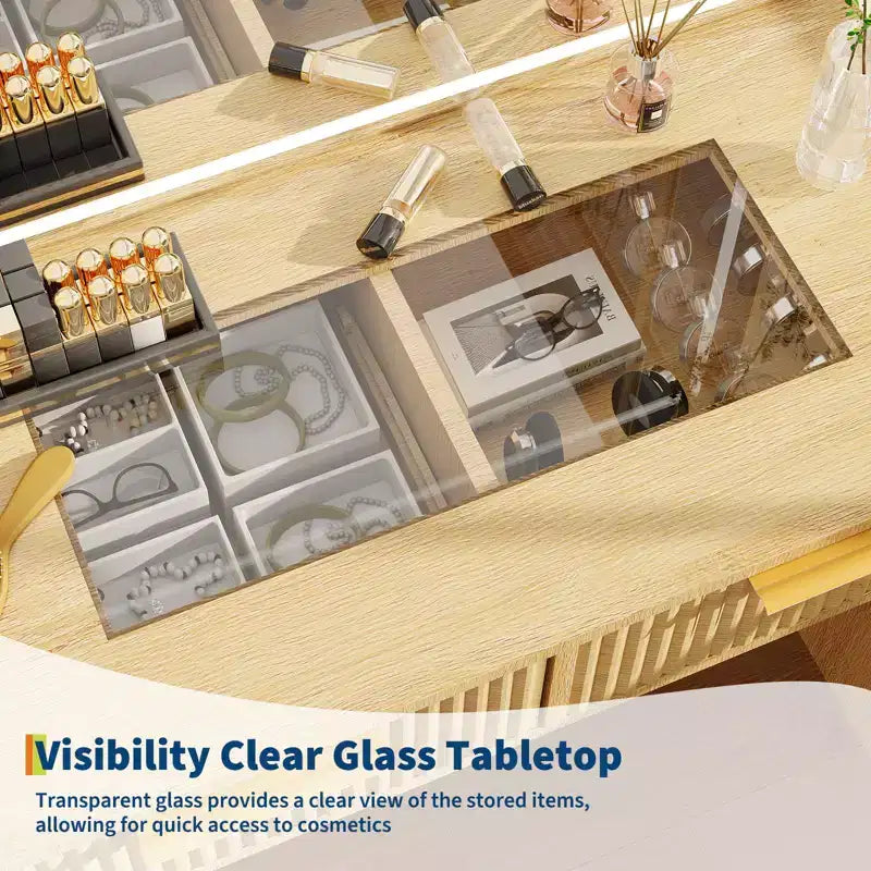 Coiffeuse de maquillage avec miroir éclairé et station de recharge, tactile 3 couleurs à intensité variable, 5 tiroirs et plateau en verre, table de maquillage moderne pour chambre à coucher