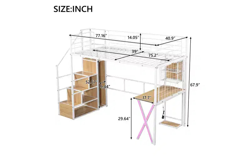 Lit mezzanine en métal Whisen 94''L x 40.9''W avec poste de travail intégré, armoire, escalier de rangement et LED, sécurité garantie