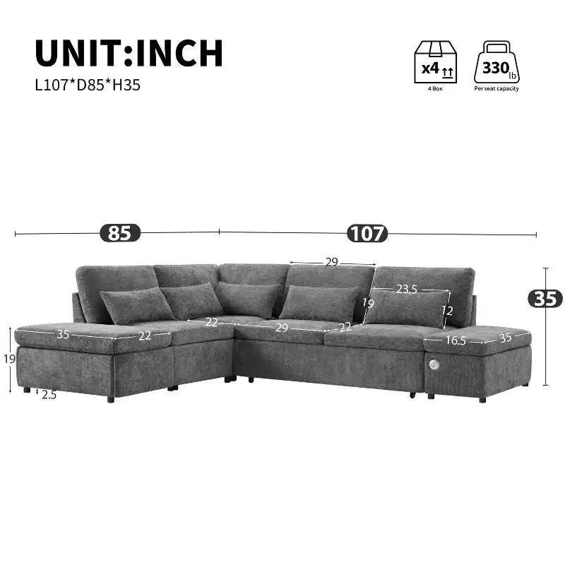 Canapé-lit modulaire sectionnel Whisen 270 - 6 places en forme de L avec pouf de rangement, canapé en chenille, personnalisable pour salon et appartement