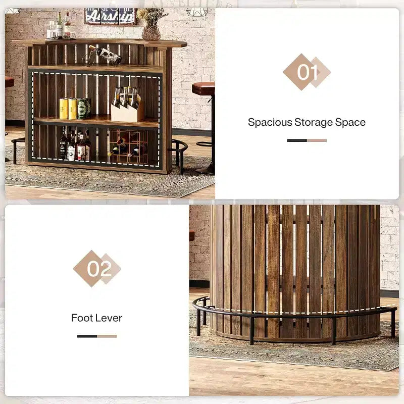 Tavolo da Bar a 4 Ripiani Lantine, H 100 cm con Poggiapiedi, a Forma di Arco, Mobile Bar Moderno per Casa, Pub, Soggiorno, Marrone Rustico.