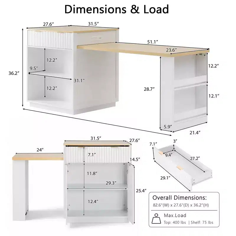Îlot de cuisine cannelé avec table extensible, prise électrique et rangement double face