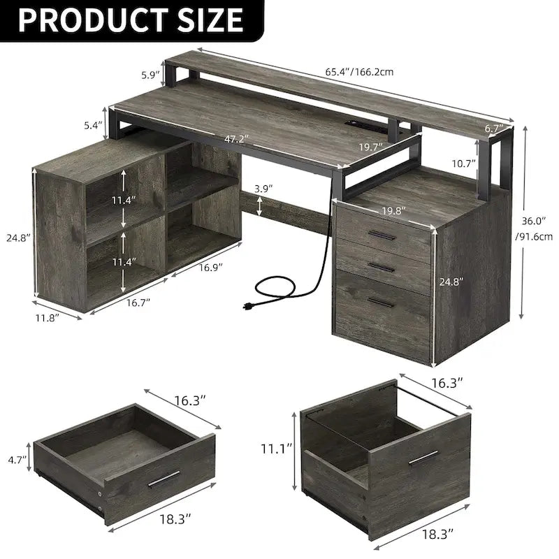 Bureau d'angle en L de 165 cm avec LED RGB, support pour écran et meuble de rangement – 1 personne | Blanc / Chêne / Gris Anthracite / Noir