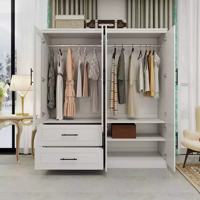 Armadio Bianco in Legno 160 cm con 2 Cassetti e 6 Ante