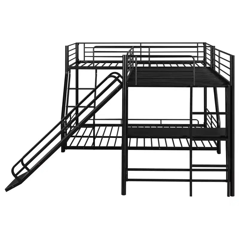 Letto a castello in metallo a una piazza e mezzo, letto a castello a L per 3 bambini, letto a castello triplo resistente con scrivania e scivolo, nero
