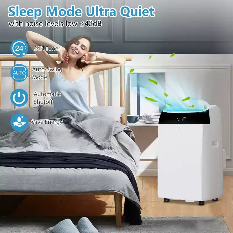 Climatiseur portable 14 000 BTU, 3-en-1 (climatisation, déshumidification, ventilation) pour grandes pièces jusqu'à 70 m², ultra-silencieux avec télécommande et minuterie.