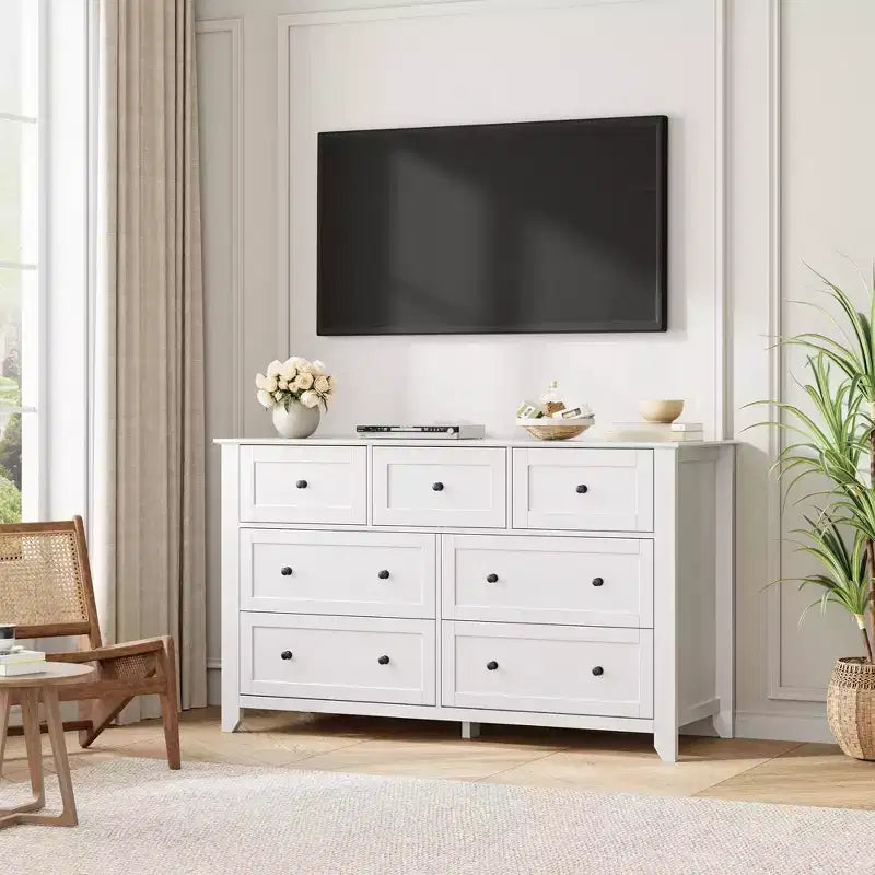 Commode à 7 tiroirs pour chambre à coucher, commode en bois de 54 po de large avec poignées en métal, organisateur de rangement pour vêtements, meuble TV pour entrée, chambre à coucher