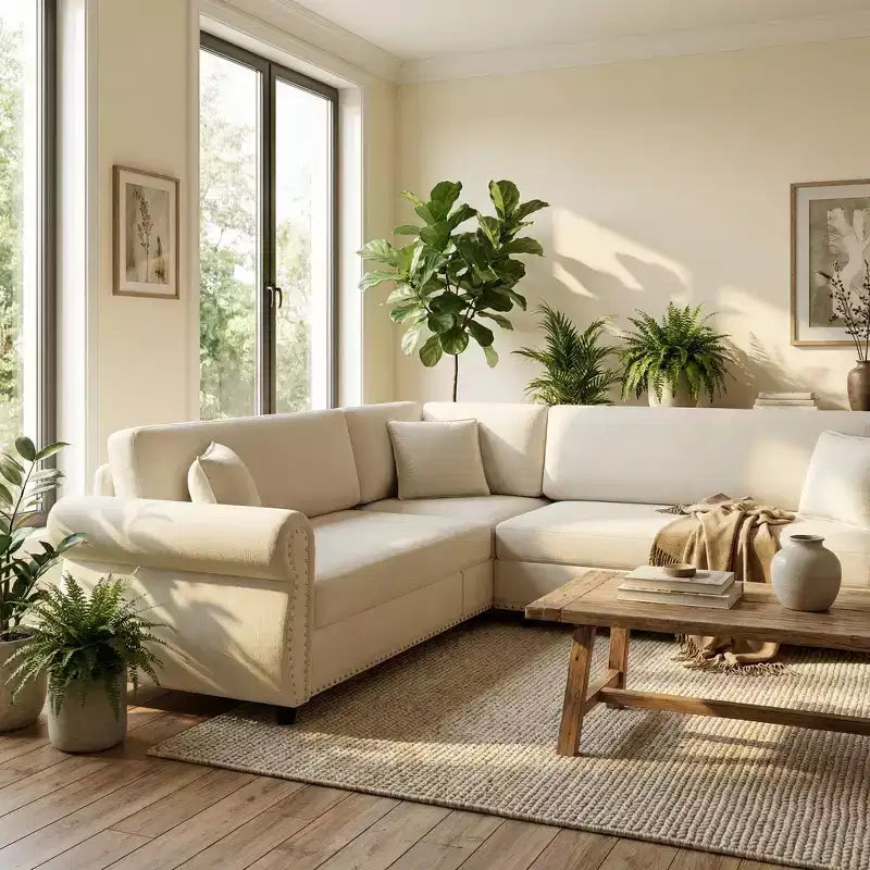 Canapé convertible d'angle 5 places Homy Casa 88 avec lit gigogne, revêtement chenille, beige