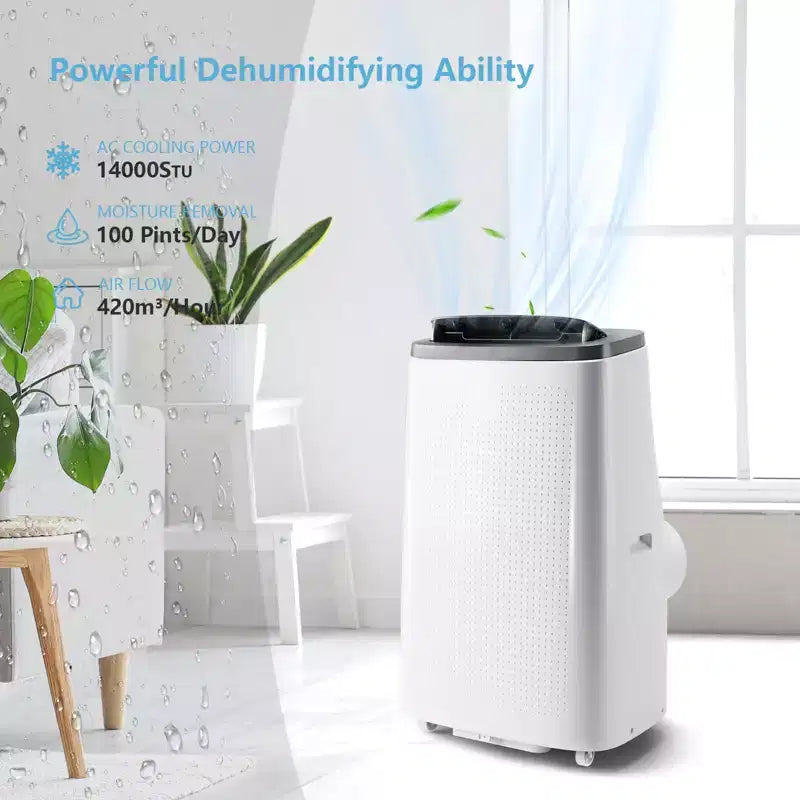 Climatiseur portable 14 000 BTU - Refroidissement, déshumidificateur et ventilateur pour 65 m² avec télécommande et oscillation automatique, garantie d'un an