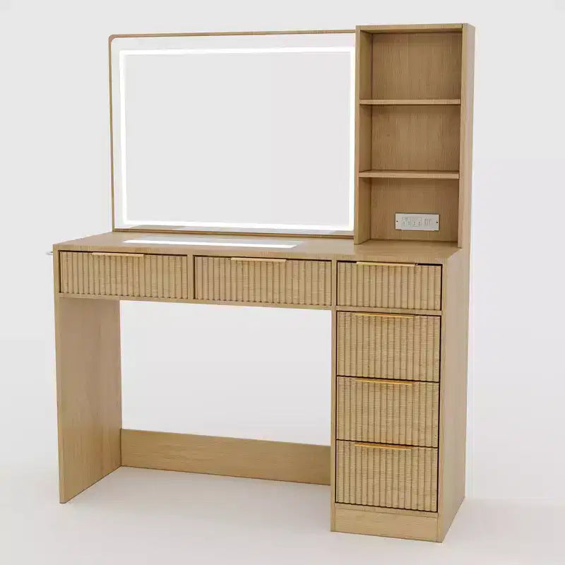 Coiffeuse de maquillage cannelée de 52 pouces avec miroir, plateau en verre, 6 tiroirs, étagères ouvertes et support pour sèche-cheveux pour chambre à coucher