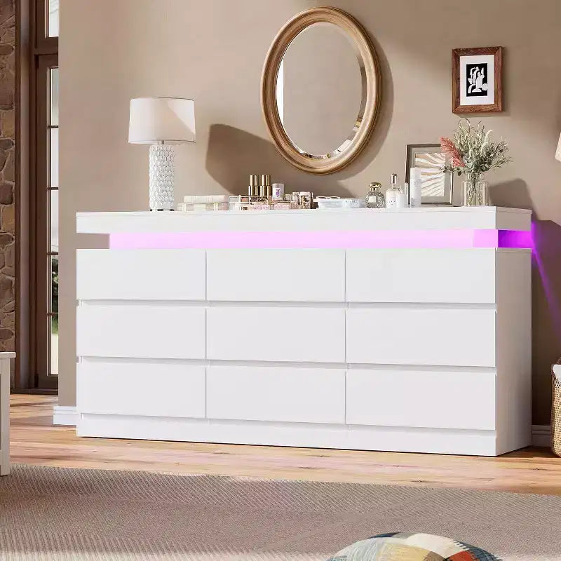 Commode Acekool à 9 tiroirs avec ports et prises, commode de 160 cm de large et meuble TV, armoire de rangement pour chambre à coucher