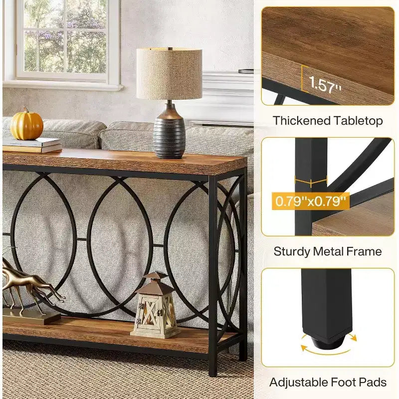 Lantine - Tavolo consolle industriale extra lungo da 180 cm con 2 ripiani e mensola portaoggetti, adatto per soggiorno, ingresso, corridoio, marrone rustico.