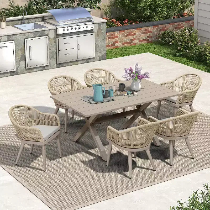 Set da pranzo da patio PURPLE LEAF con tavolo da pranzo da esterno in alluminio e sedie in rattan intrecciato, set di mobili moderni per giardino, cortile, arredamento da interni, colore champagne