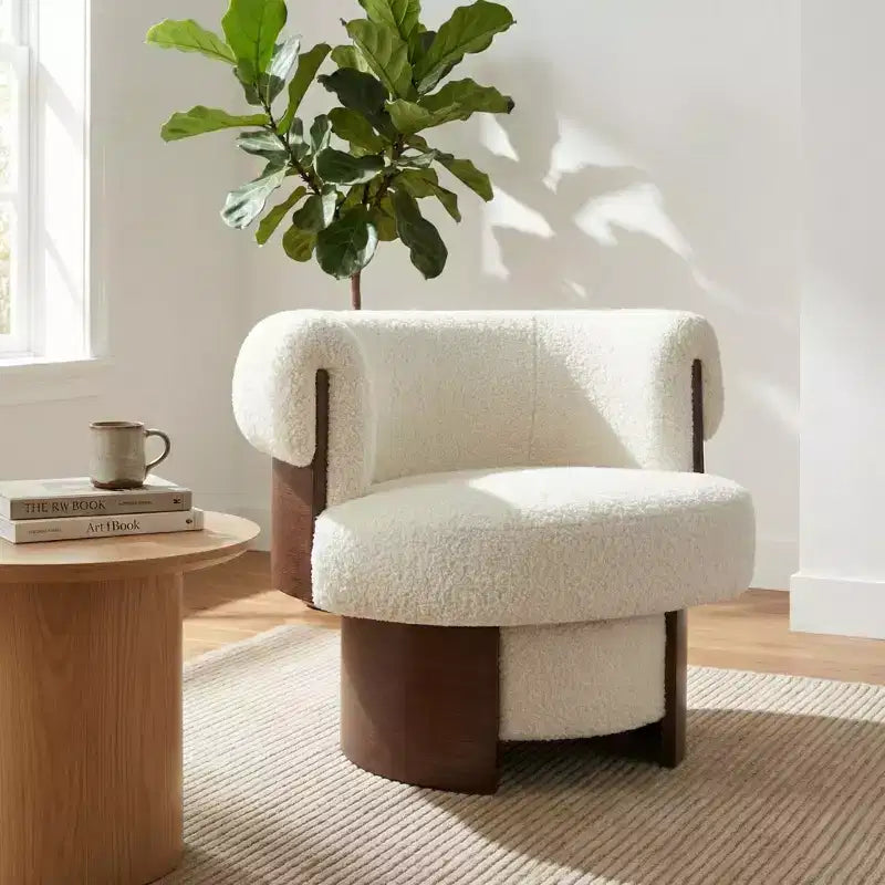 Fauteuil baril pivotant Whisen 360° avec design sculptural en bois courbé, cadre en bois massif, 81 cm de large, polyvalent pour le salon et la chambre à coucher
