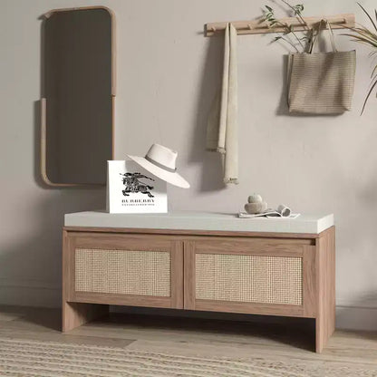 Panca portascarpe FurnitureR in rattan con cuscino, scarpiera compatta con ante per ingresso, organizer per piccoli spazi, scarpiera nascosta con seduta