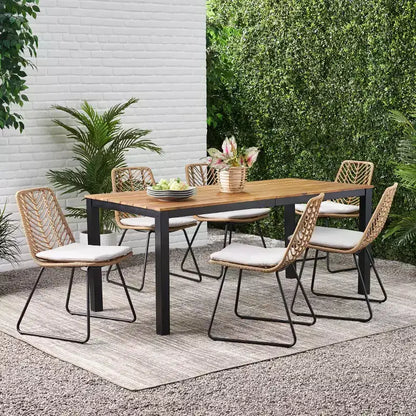 Ensemble de salle à manger extérieur 7 pièces en osier Bleckley - Marron clair/Beige/Teck - Christopher Knight Home : Mobilier de patio en rotin avec plateau de table en acacia