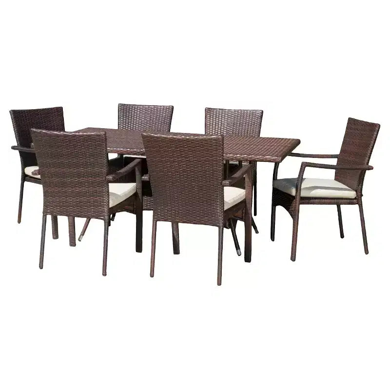 Set da pranzo da esterno Thompson 7 pezzi in vimini con cuscini - Marrone - Christopher Knight Home: Resistente alle intemperie, 6 sedie con braccioli, bulloneria in acciaio zincato