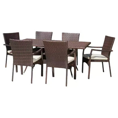 Set da pranzo da esterno Thompson 7 pezzi in vimini con cuscini - Marrone - Christopher Knight Home: Resistente alle intemperie, 6 sedie con braccioli, bulloneria in acciaio zincato