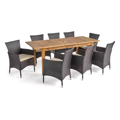 Set da pranzo espandibile Nadia 9 pezzi in legno e vimini - Naturale/Marrone/Beige - Christopher Knight Home