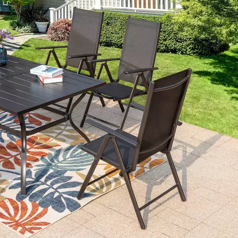 Ensemble de patio 7 pièces avec table rectangulaire et chaises inclinables en toile avec accoudoirs - Captiva Designs : Mobilier de salle à manger extérieur