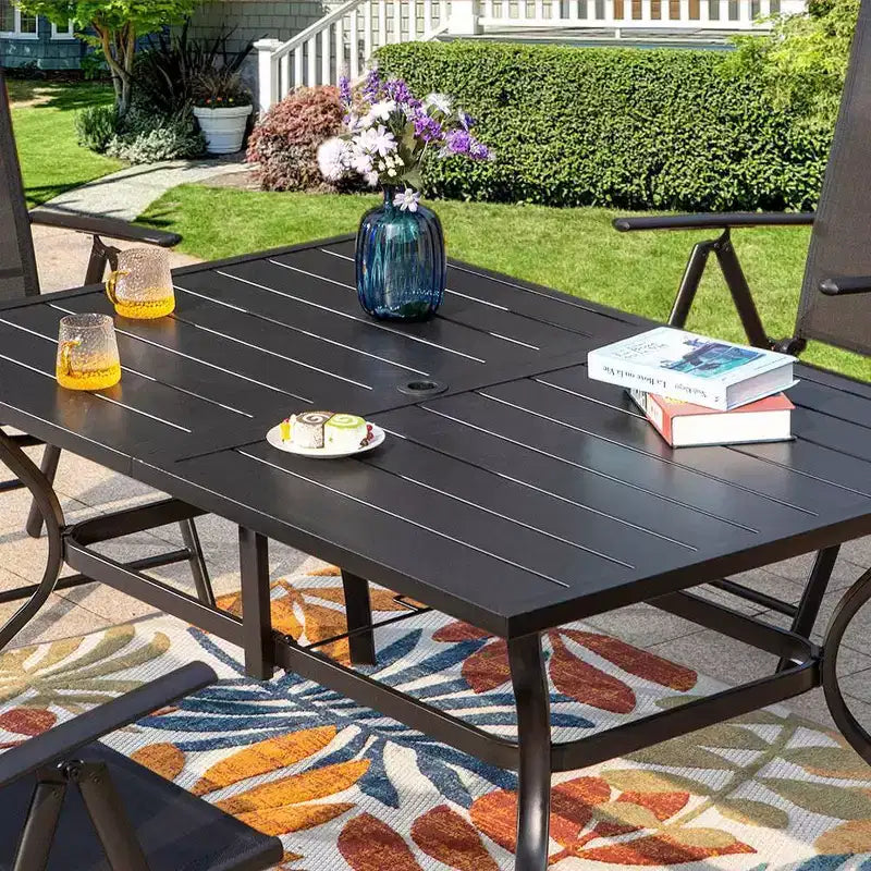 Ensemble de patio 7 pièces avec table rectangulaire et chaises inclinables en toile avec accoudoirs - Captiva Designs : Mobilier de salle à manger extérieur