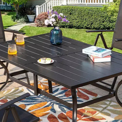 Ensemble de patio 7 pièces avec table rectangulaire et chaises inclinables en toile avec accoudoirs - Captiva Designs : Mobilier de salle à manger extérieur