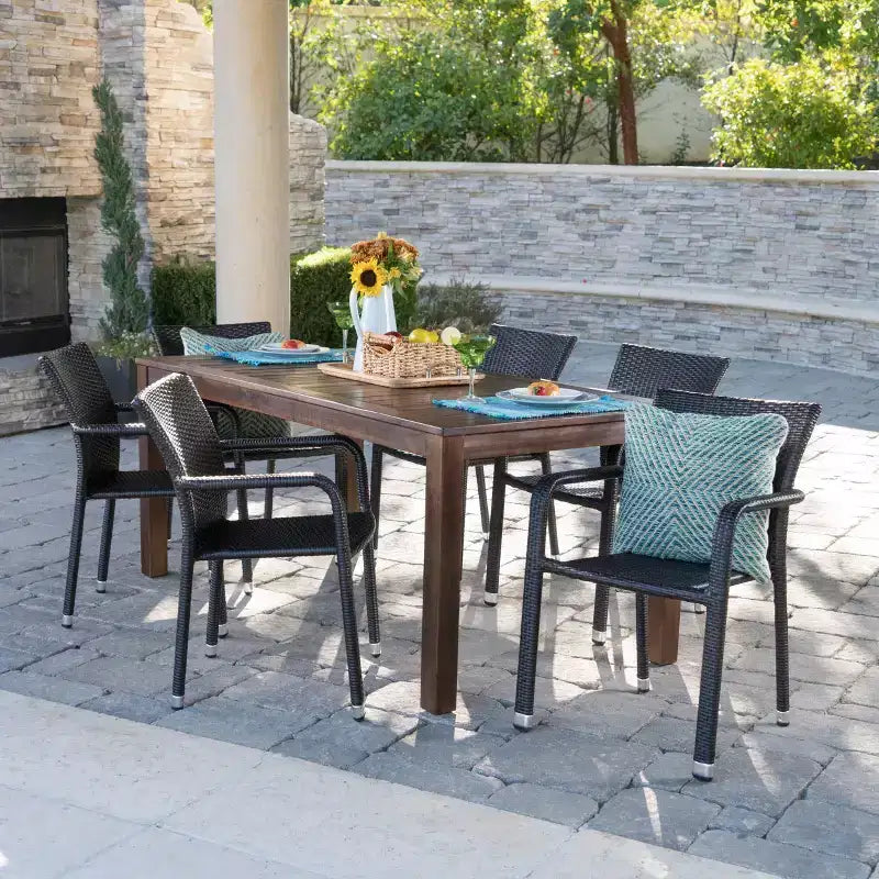 Set da pranzo Newcastle 7 pezzi in legno e vimini: struttura in alluminio, resistente alle intemperie - Christopher Knight Home