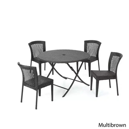 Set da pranzo Rai in vimini da 5 pezzi: marrone, per patio, resistente alle intemperie, struttura in ferro battuto, sedie impilabili, tavolo circolare