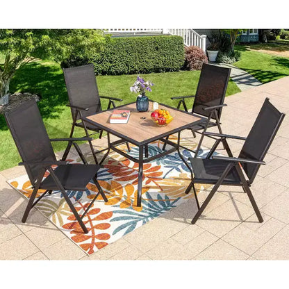 5pc Patio Set with Square Faux Wood Top Table & Reclining Sling Chairs with Armrests - Captiva Designs: Outdoor Dining, Weather-Resistant