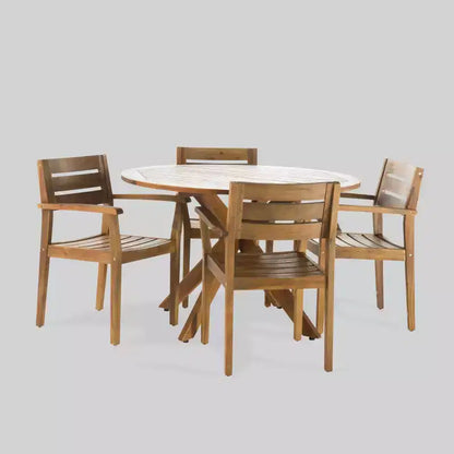 Stamford Set da Pranzo Rotondo da 5 Pezzi in Legno di Acacia Teak: Resistente agli Agenti Atmosferici, 4 Sedie - Christopher Knight Home