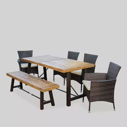 Set da pranzo da esterni a 6 pezzi Jennys in acacia/vimini – Marrone – Christopher Knight Home: Resistente alle intemperie, Struttura in ferro, Panca inclusa