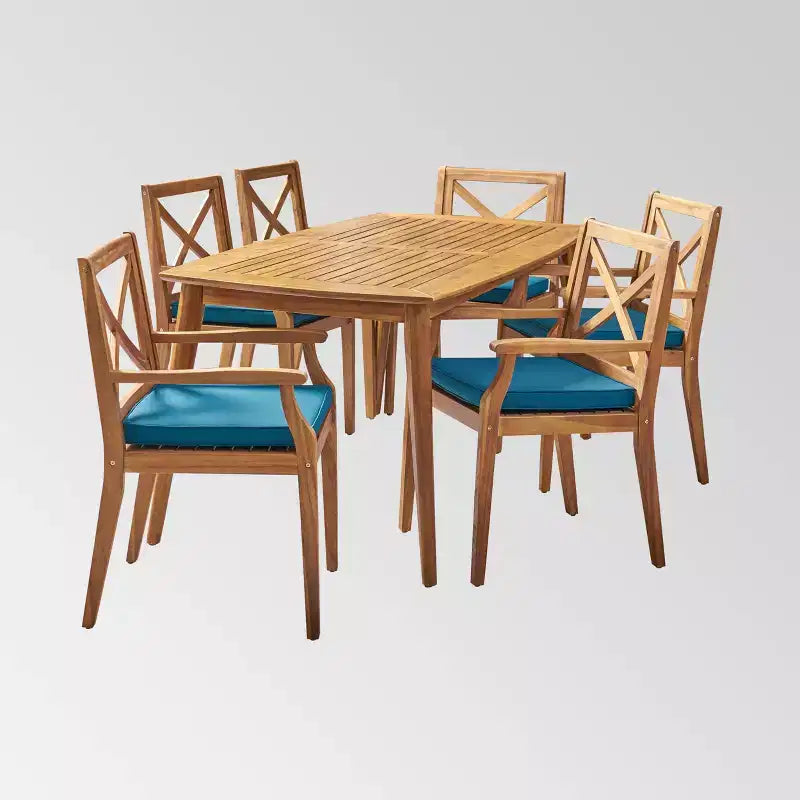 Ensemble de salle à manger Llando 7 pièces en bois d'acacia – Teck/Bleu – Christopher Knight Home : Résistant aux intempéries avec coussins en polyester