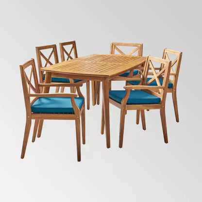 Ensemble de salle à manger Llando 7 pièces en bois d'acacia – Teck/Bleu – Christopher Knight Home : Résistant aux intempéries avec coussins en polyester