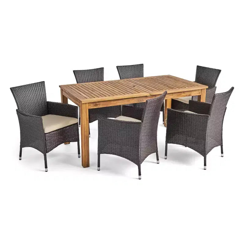 Set da pranzo da esterni espandibile 7 pezzi Nadia in legno e vimini - Naturale/Marrone/Beige - Christopher Knight Home: include 6 sedie, cuscini rimovibili