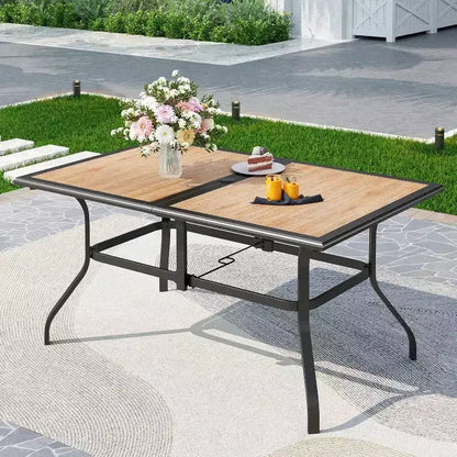 Set da pranzo per patio in metallo da 7 pezzi con tavolo rettangolare con ombrellone e 6 sedie impilabili - Captiva Designs