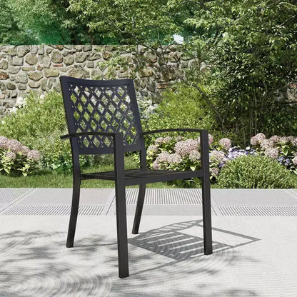 Set da pranzo per patio in metallo da 7 pezzi con tavolo rettangolare con ombrellone e 6 sedie impilabili - Captiva Designs