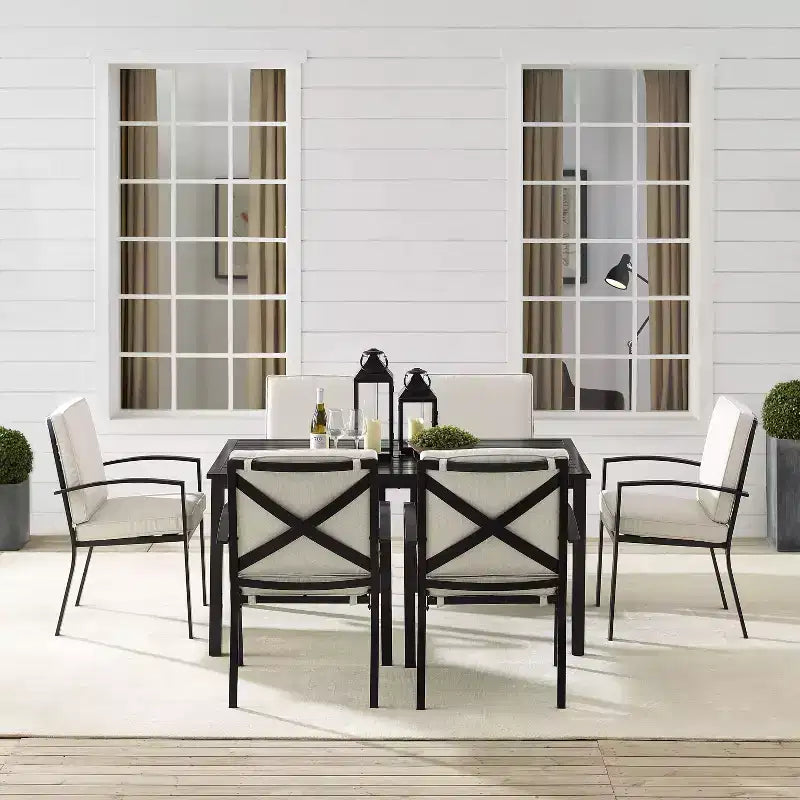 Set da pranzo da esterni Kaplan da 7 pezzi con 6 sedie a braccioli e tavolo da pranzo farina d'avena/bronzo lucidato a olio - Crosley