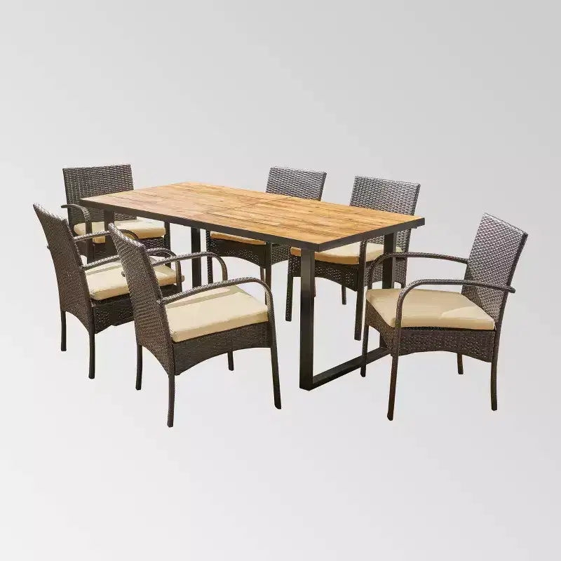 Set da pranzo Heron rettangolare 7 pezzi in legno di acacia e vimini - Teak/Marrone - Christopher Knight Home: resistente alle intemperie con cuscini