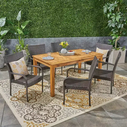 Hayes 7pc Wood & Wicker Expandable Dining Set: Acacia Frame, PE Rattan - Christopher Knight Home