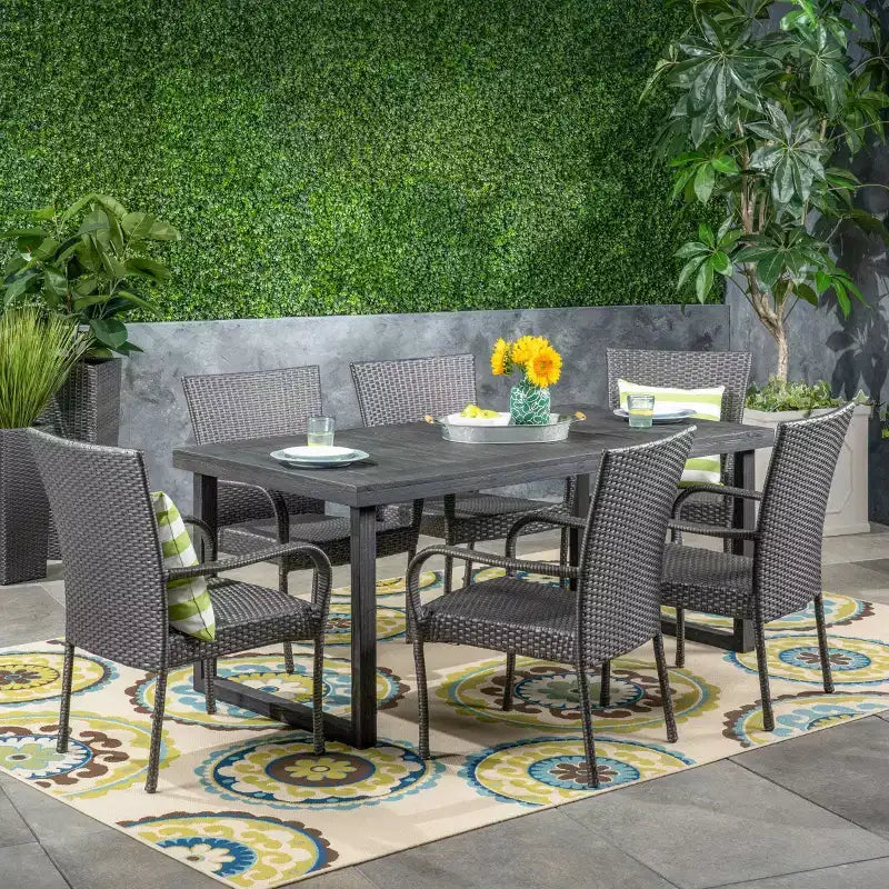 Mayhill 7pc Acacia Wood and Wicker Dining Set: Weather-Resistant, 6 Arm Chairs - Christopher Knight Home