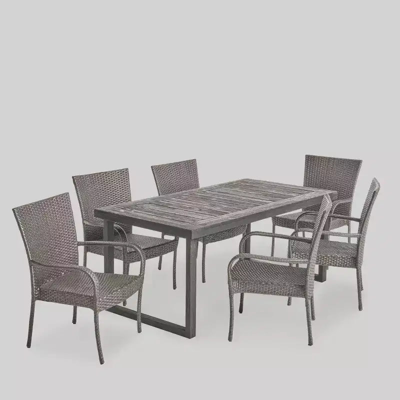 Set da pranzo Mayhill 7 pezzi in legno di acacia e vimini: resistente alle intemperie, 6 sedie a braccioli - Christopher Knight Home