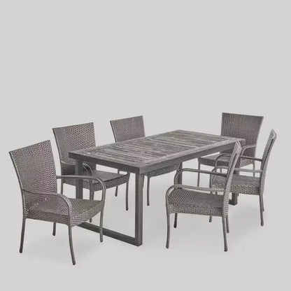 Set da pranzo Mayhill 7 pezzi in legno di acacia e vimini: resistente alle intemperie, 6 sedie a braccioli - Christopher Knight Home