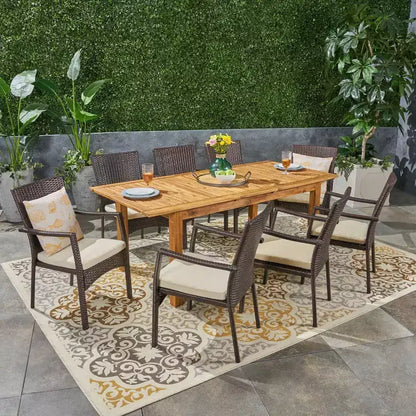 Davenport Set da pranzo espandibile 9 pezzi in legno e vimini: Struttura in acacia, Rattan PE - Christopher Knight Home