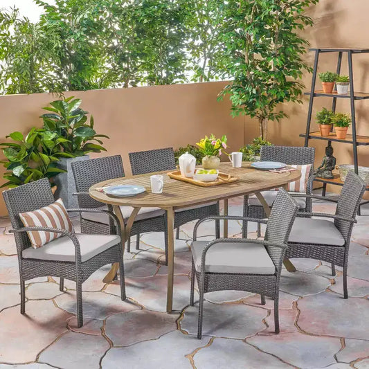 Mason 7pc Acacia Wood & Polyethylene Wicker Dining Set: Christopher Knight Home, Cushioned Chairs