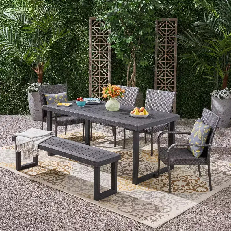 Nestor 6pc Wood and Wicker Chair and Bench Dining Set: Weather-Resistant, Galvanized Steel - Christopher Knight Home