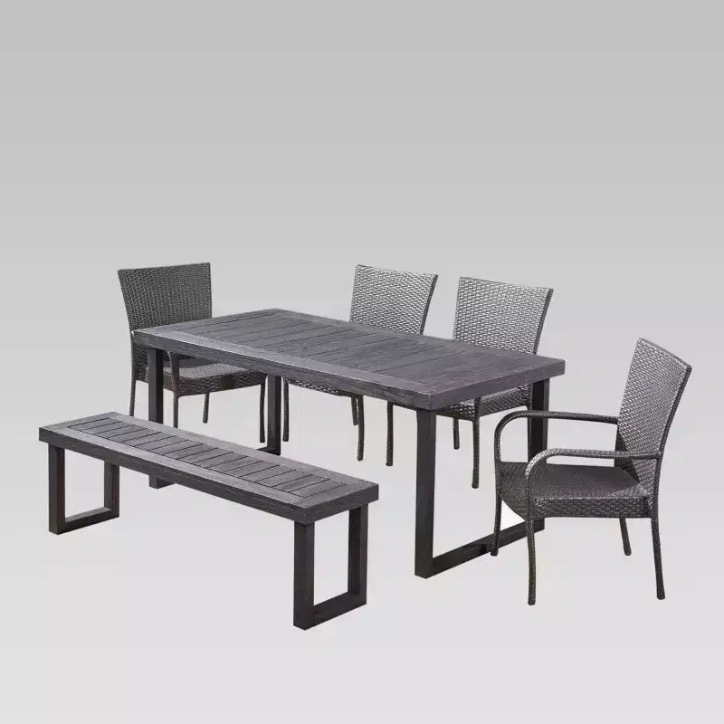 Ensemble de salle à manger Nestor 6 pièces avec chaises et banc en bois et osier : Résistant aux intempéries, acier galvanisé - Christopher Knight Home