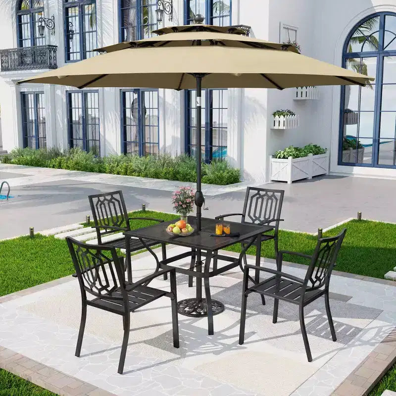 5pc Metal Indoor/Outdoor Square Dining Table with Arm Chairs & Umbrella Hole - Captiva Designs: Weather-Resistant Set