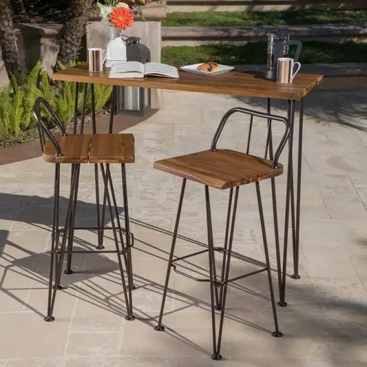 Denali 3pc Acacia Wood Industrial Patio Bar Set - Teak - Christopher Knight Home: Weather-Resistant, Rustic Finish
